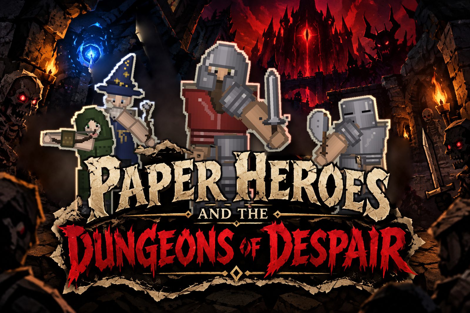 Paper Heroes and the Dungeons of Despair: an archer, a wizard, a dwarf and a knight before a burning dungeon
